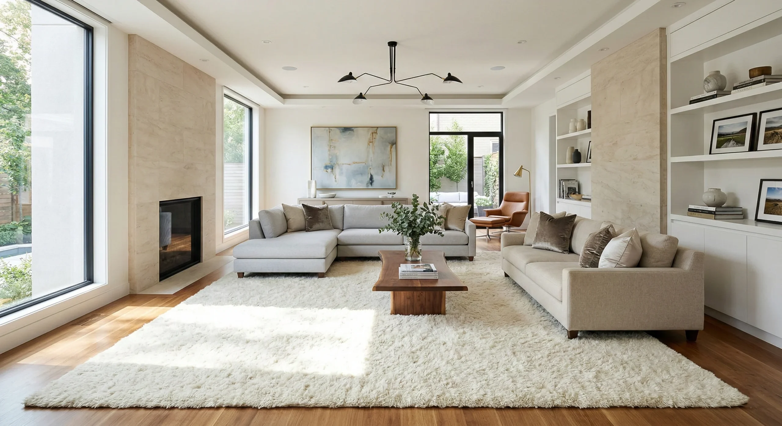 Tapis de salon moelleux et d'une propreté immaculée après un nettoyage professionnel. Un intérieur lumineux illustrant le résultat d'un lavage en profondeur de tapis dans les Yvelines (78).