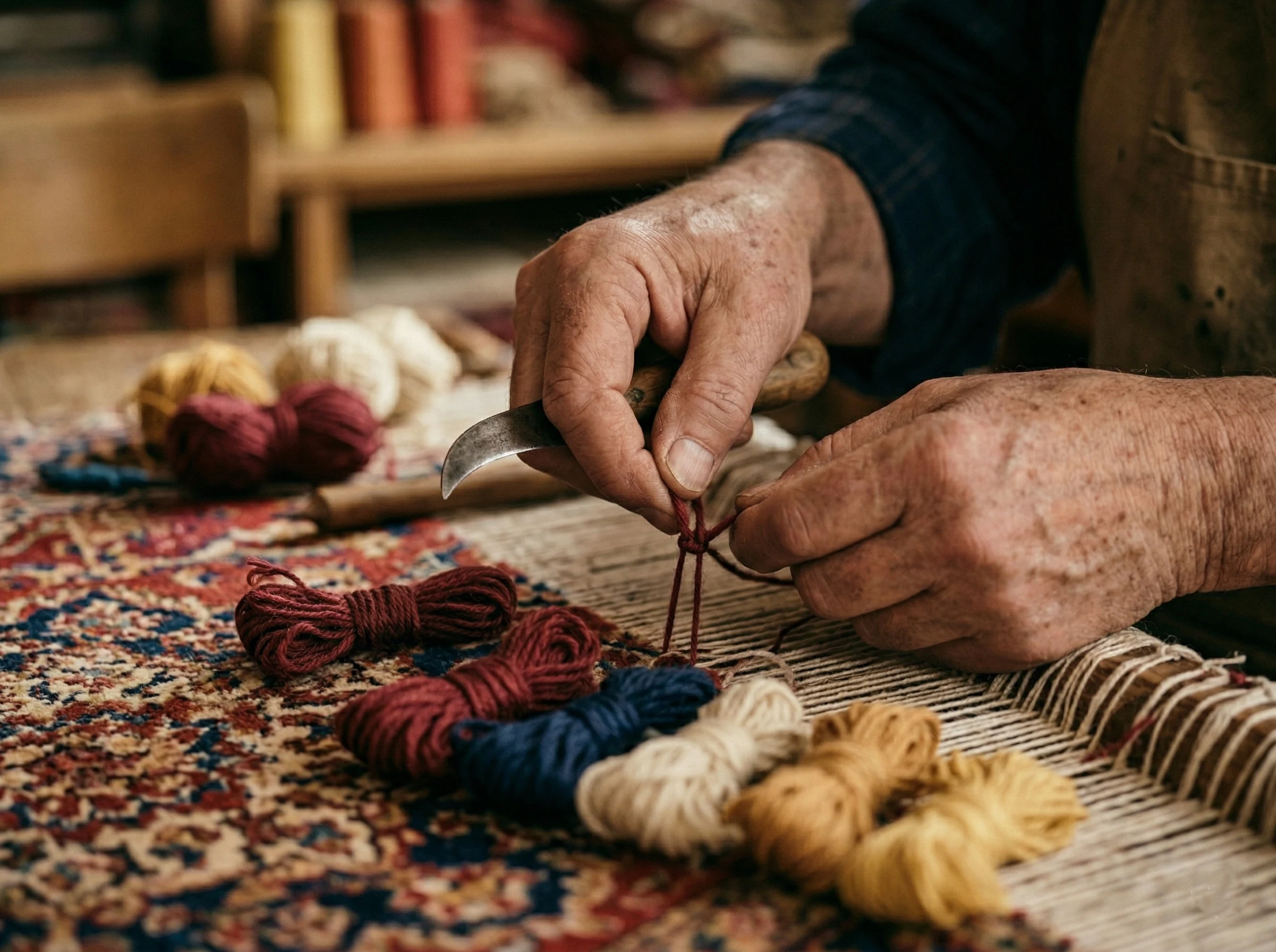 Gros plan sur les mains d'un artisan effectuant le retissage au point noué traditionnel sur un tapis persan