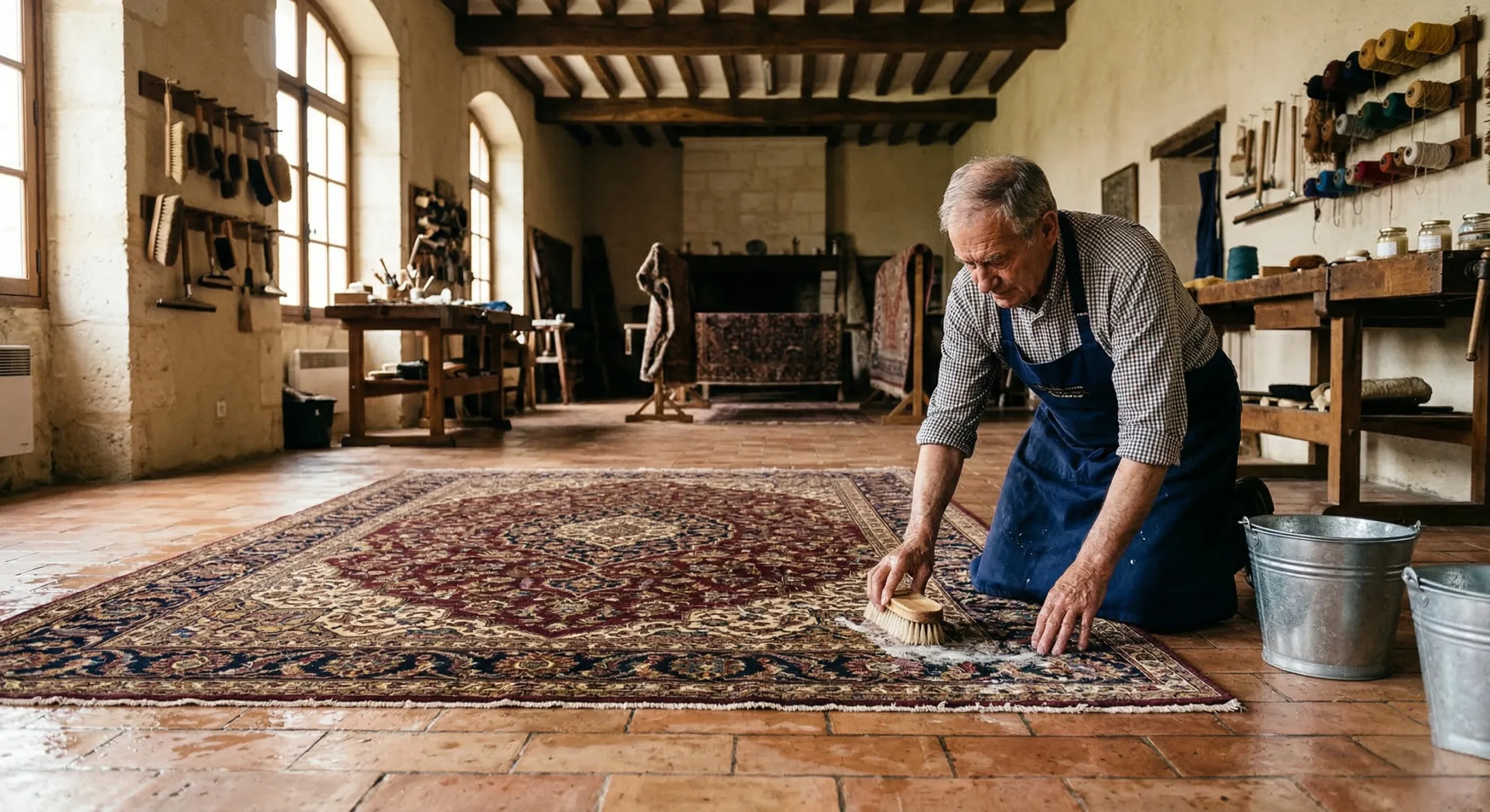 Un artisan expert âgé, vêtu d'un tablier bleu, nettoie manuellement à genoux un grand tapis oriental persan détaillé à l'aide d'une brosse et d'eau savonneuse, dans un atelier traditionnel au sol en terre cuite.
