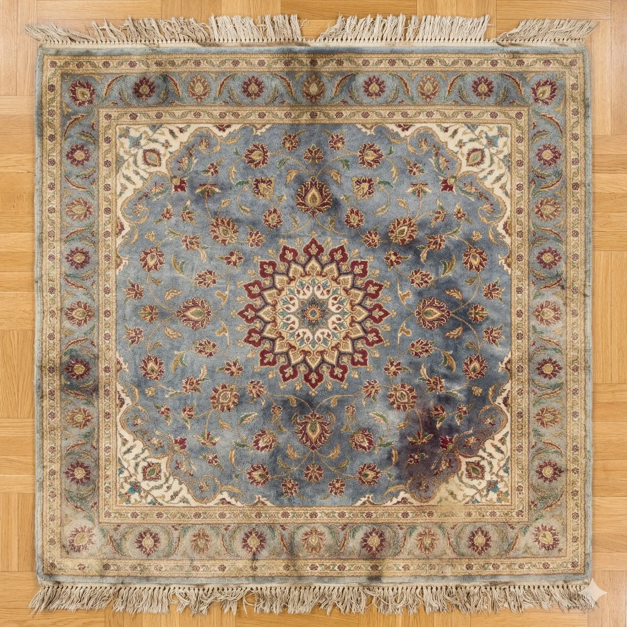 Vue overhead d'un tapis persan endommagé montrant pile aplatie, zones dullifiées, décoloration et waterlines résultant du nettoyage injection-extraction haute pression, motifs flous, franges effilochées, démontrant les dangers des nettoyeurs généralistes