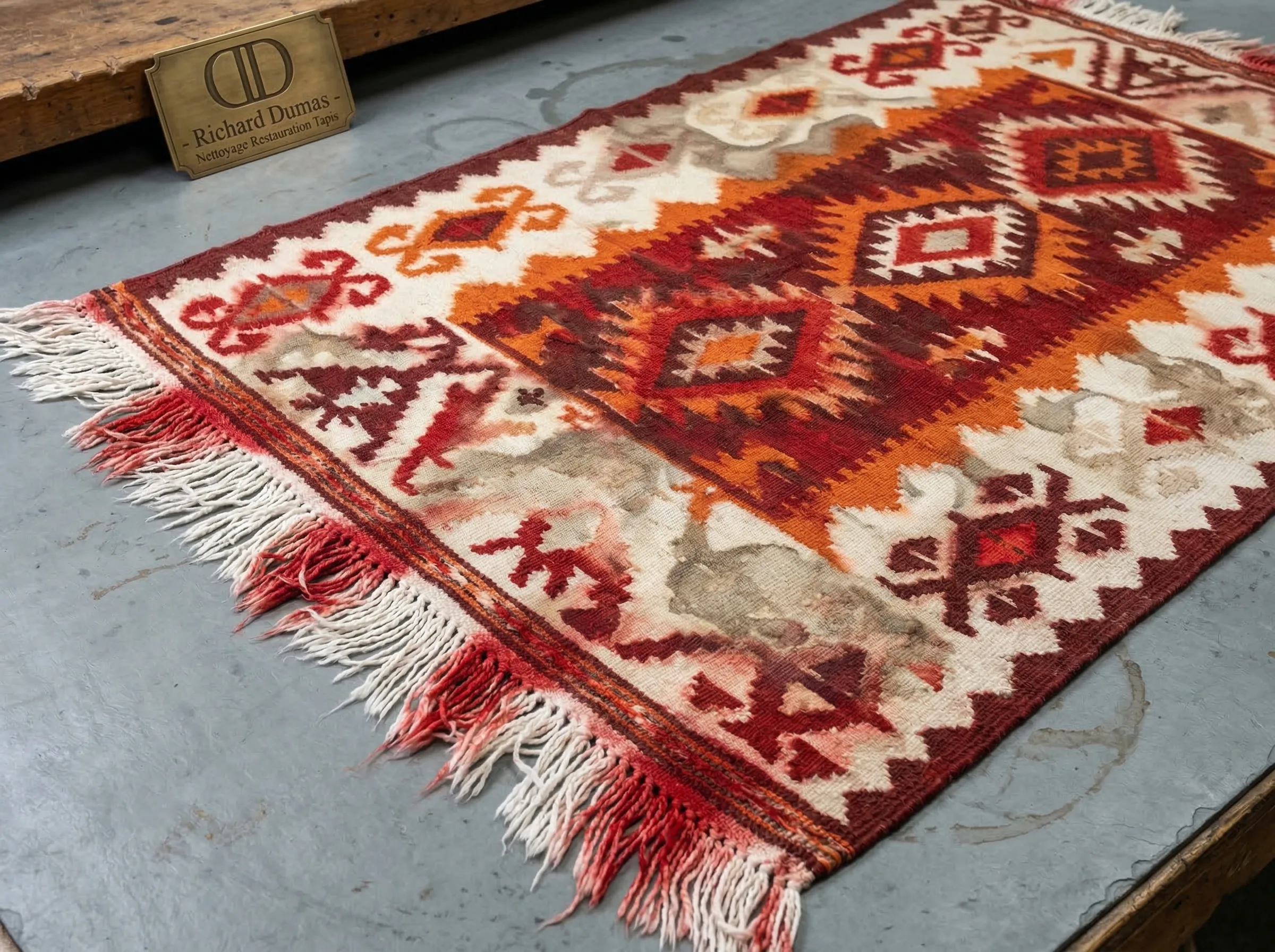 Tapis Qom iranien 100% soie présentant une tache de vin rouge de 3 mois avant intervention