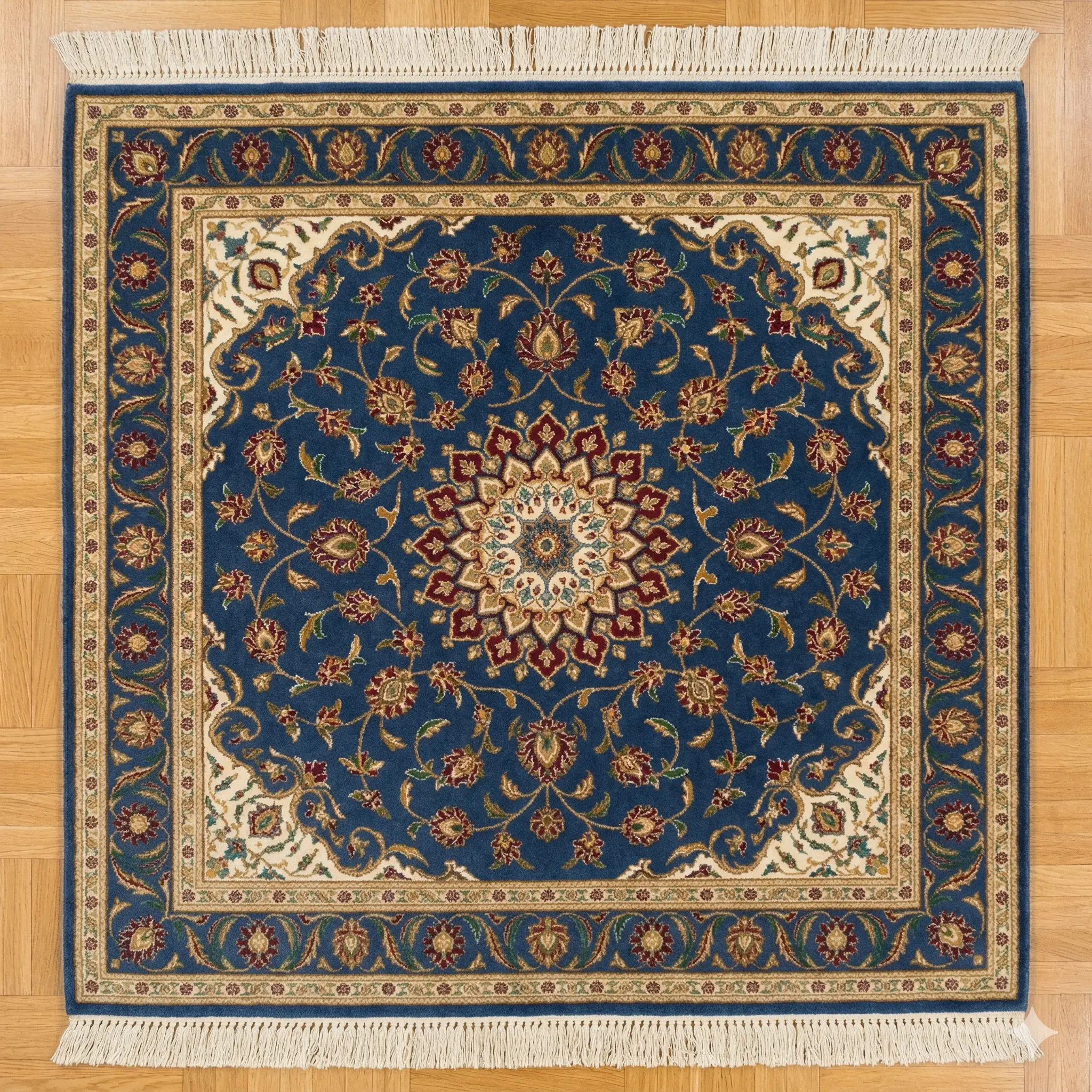 Vue overhead du même tapis après restauration artisanale montrant pile relevée et brillante, couleurs vibrantes navy, or et crème restituées, motifs floral nets et définis, franges crème proprement retissées, aspect musée-quality, démontrant succès