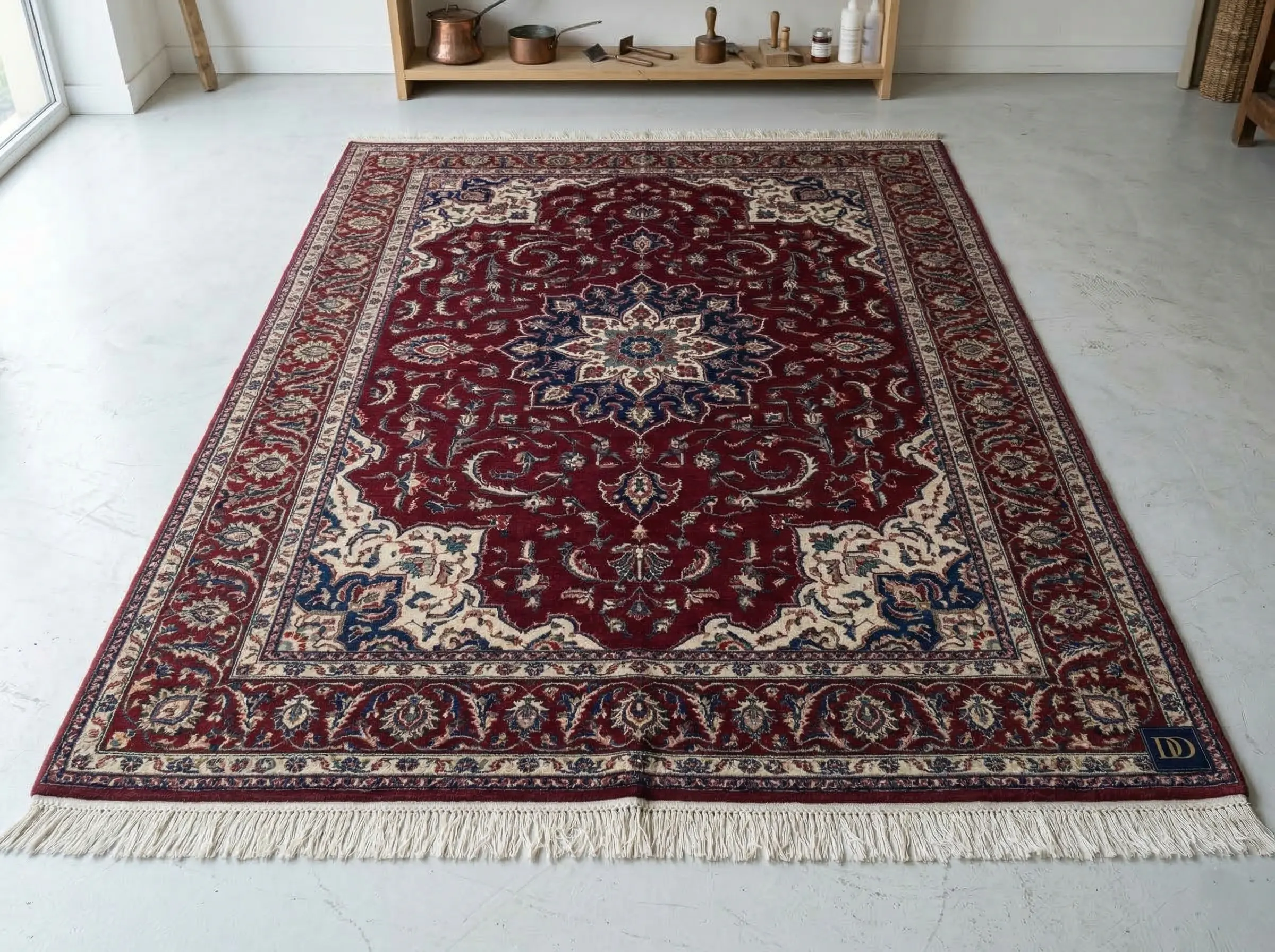 Résultat après nettoyage : tapis Tabriz 1920 aux couleurs ravivées, rouge garance et bleu indigo éclatants