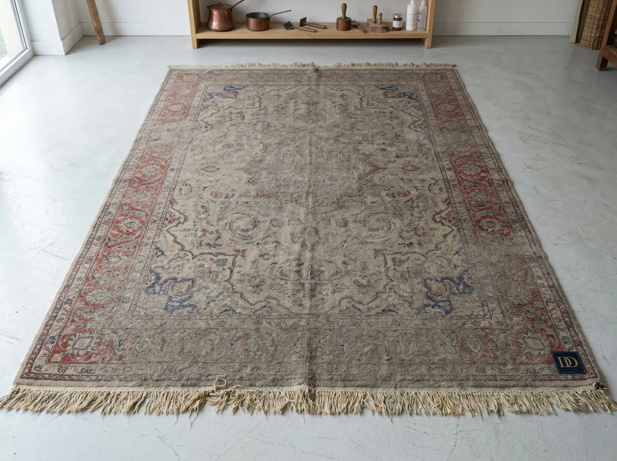 Tapis persan Tabriz de 1920 présentant des couleurs ternies et poussière accumulée avant nettoyage professionnel par Richard Dumas Yvelines
