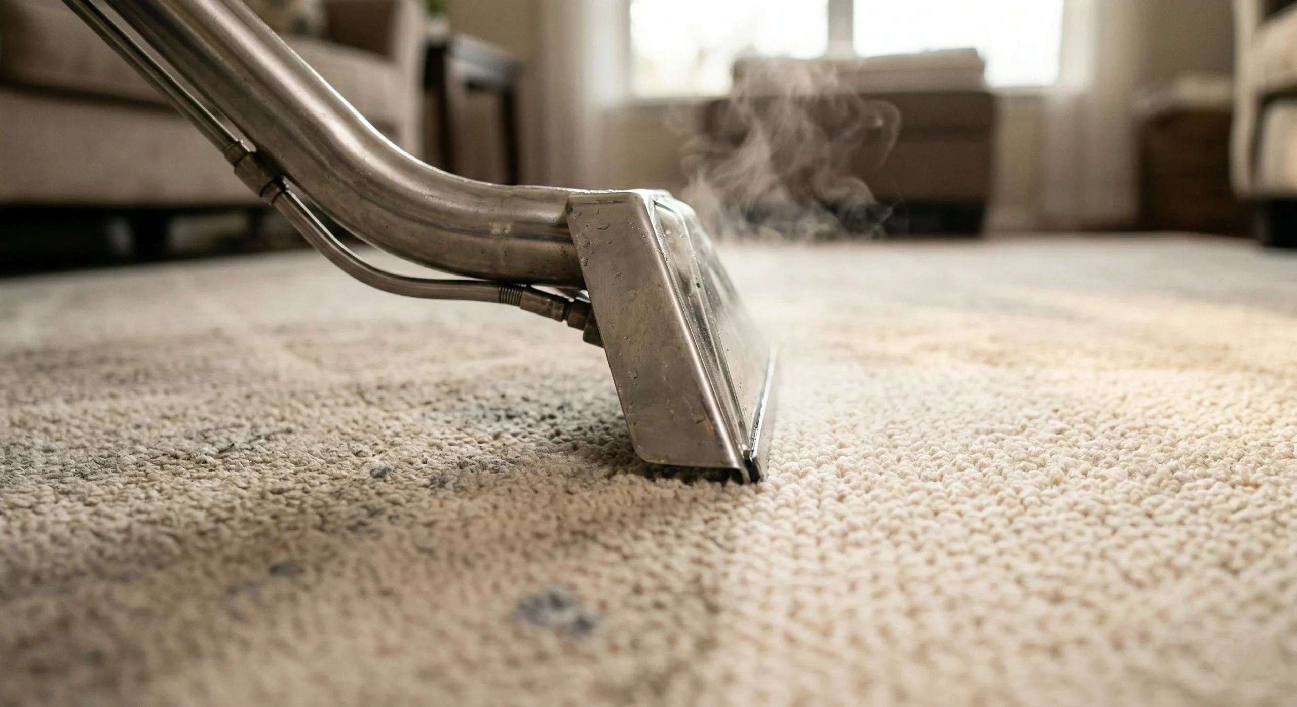 Gros plan sur une buse professionnelle d'injection-extraction en acier inoxydable nettoyant un tapis clair avec de la vapeur chaude. Illustration de l'efficacité d'un nettoyage de tapis professionnel dans le 78.