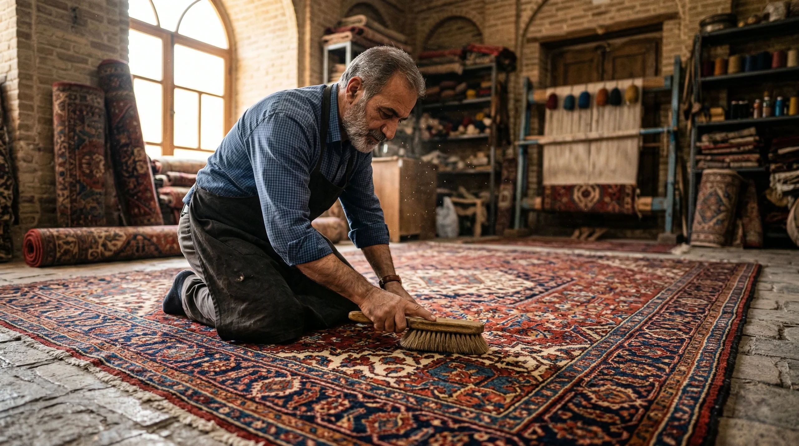 Artisan spécialisé en train de brosser un tapis persan ancien lors d'un nettoyage professionnel dans les Yvelines