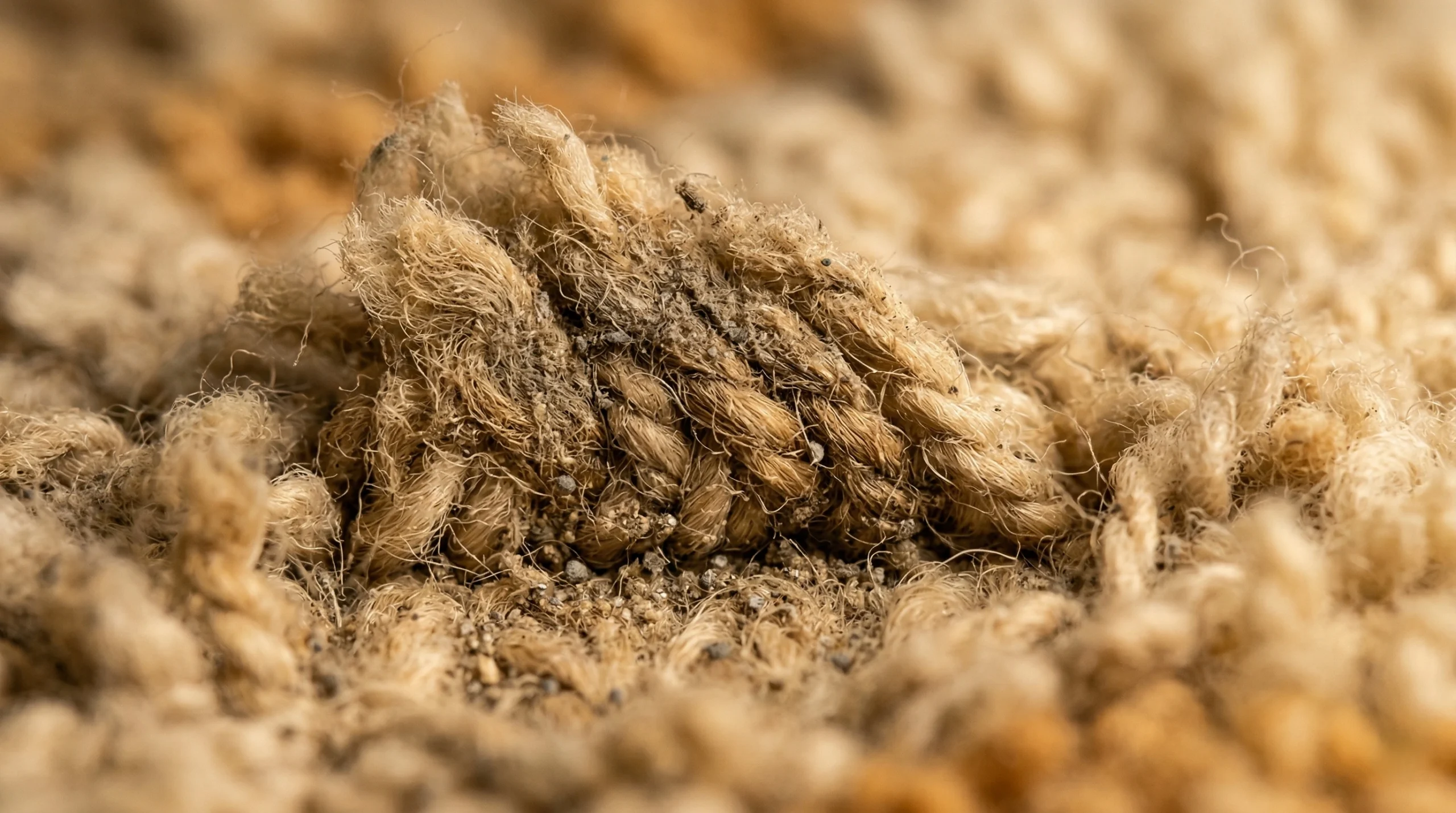 Macro photographie de fibres de tapis en laine avec poussières et résidus incrustés à la base, avant lavage tapis professionnel