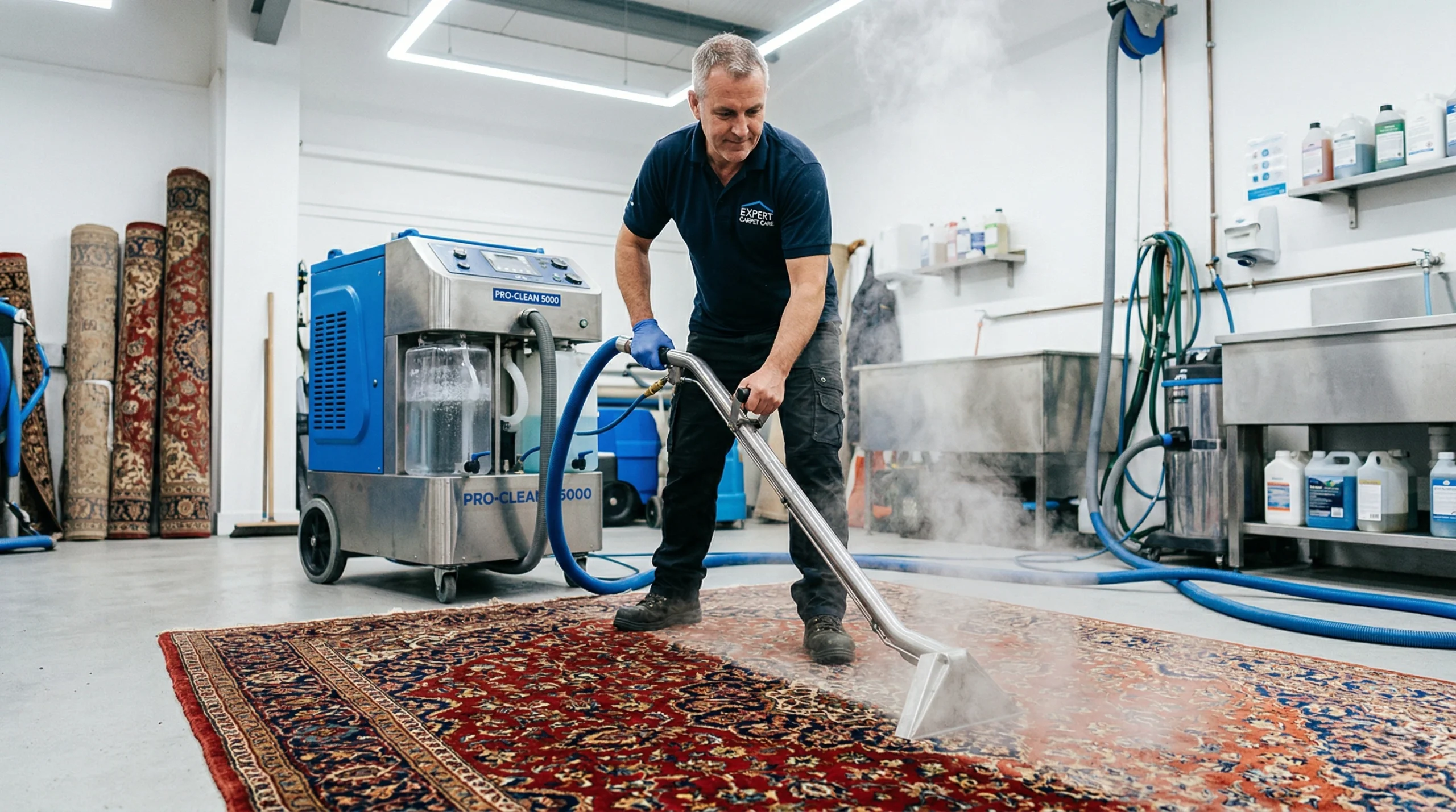 Technicien utilisant une machine d'extraction professionnelle pour le lavage tapis à haute température, intervention à domicile dans les Yvelines