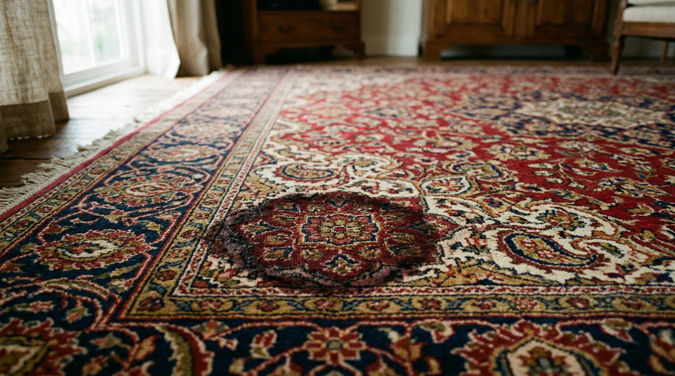 Tache de vin rouge incrustée sur un tapis oriental à motifs avec auréole visible, nécessitant un nettoyage tapis professionnel