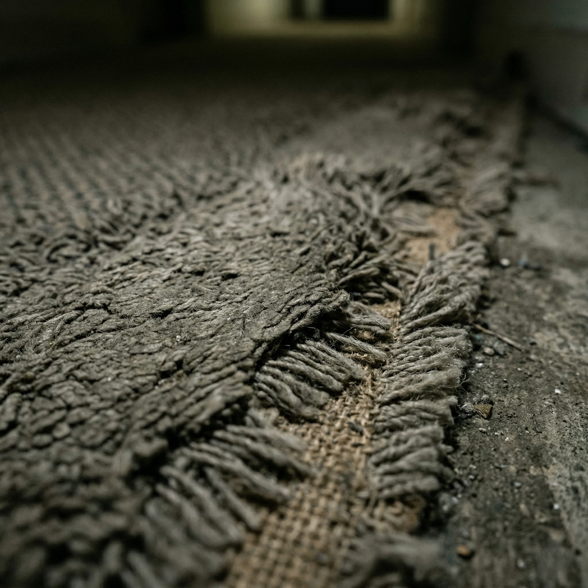 Vue en coupe de fibres de tapis aplaties et grises en zone de fort passage, avant nettoyage tapis professionnel