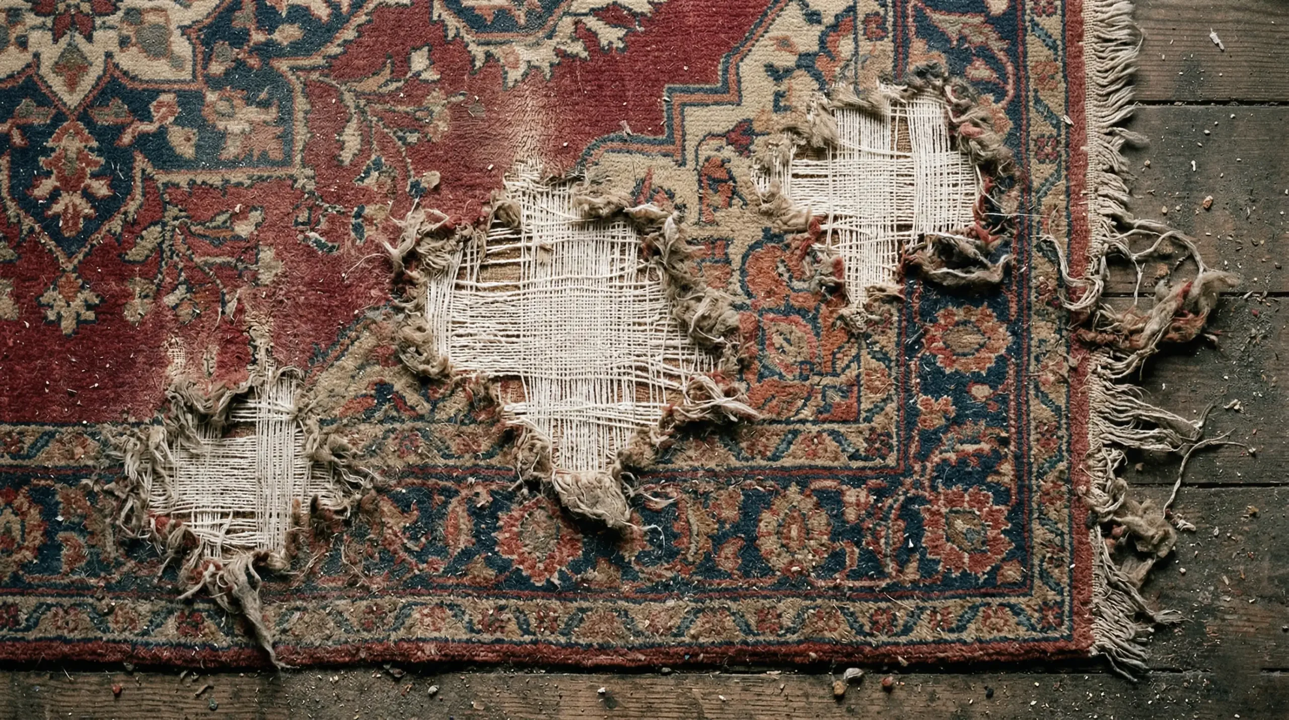 Tapis persan en laine avant restauration avec zones mitées visibles, trame à nu et lisières effilochées — atelier restauration tapis Yvelines.