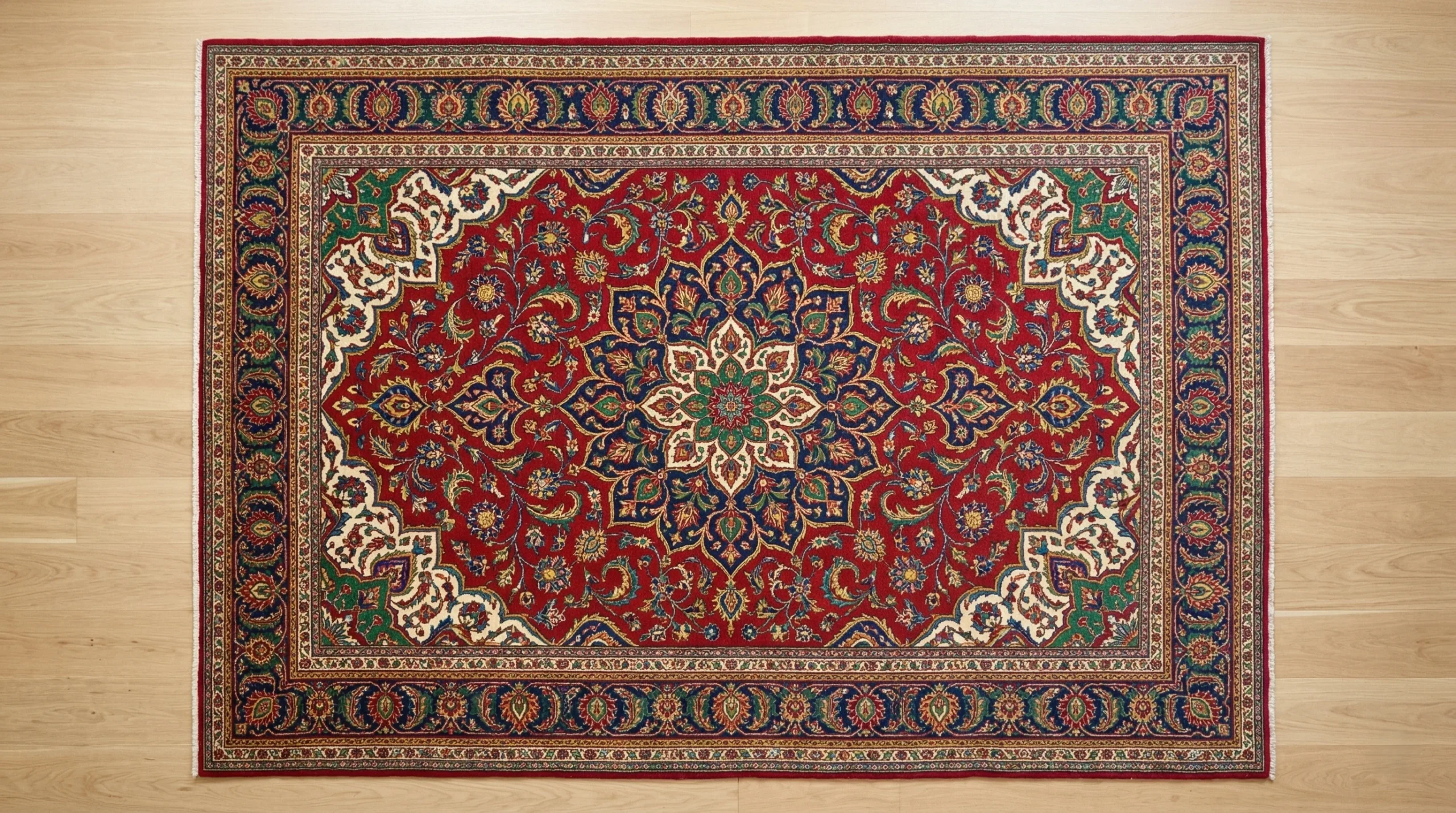 Vue aérienne d'un grand tapis persan ancien aux couleurs vives rouge, bleu et or entièrement révélées après nettoyage tapis professionnel dans les Yvelines