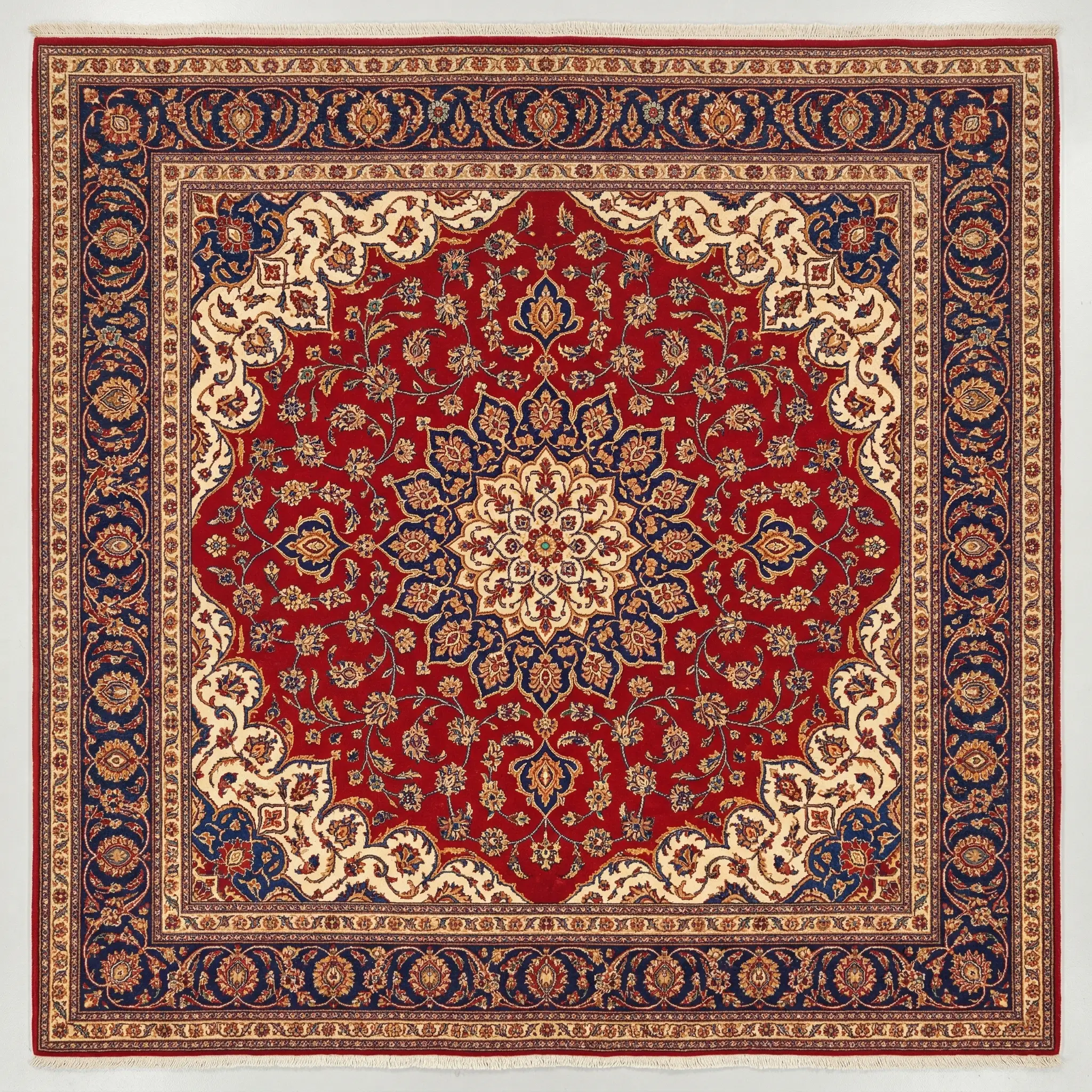 Vue aérienne d'un tapis persan après restauration artisanale complète dans les Yvelines — couleurs teintures végétales ravivées, fibres redressées, motifs restaurés