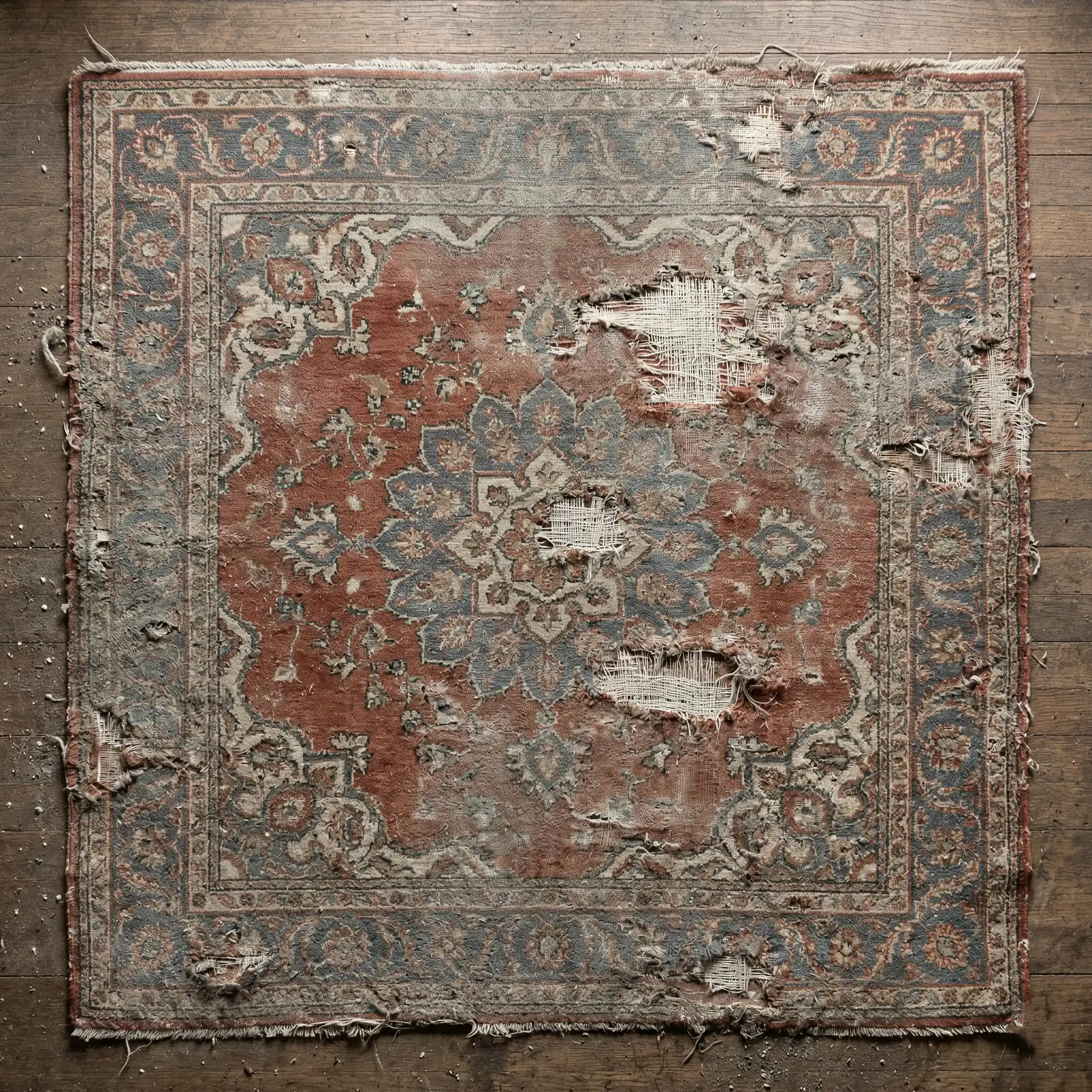 Vue aérienne d'un tapis persan avant restauration professionnelle — couleurs voilées, zones usées, fibres aplaties et encrassement général visible