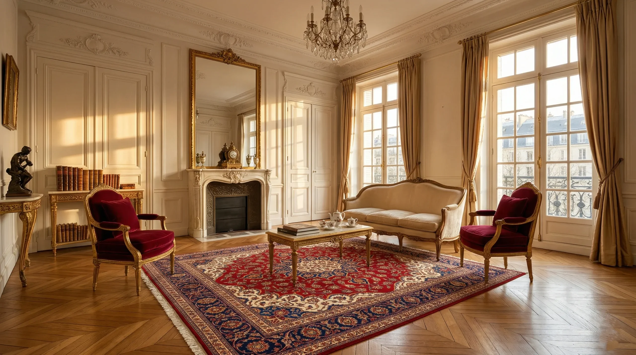 Tapis persan en laine entièrement restauré replacé dans le grand salon d'une maison bourgeoise à Versailles — couleurs profondes, bordures restituées, franges traditionnelles