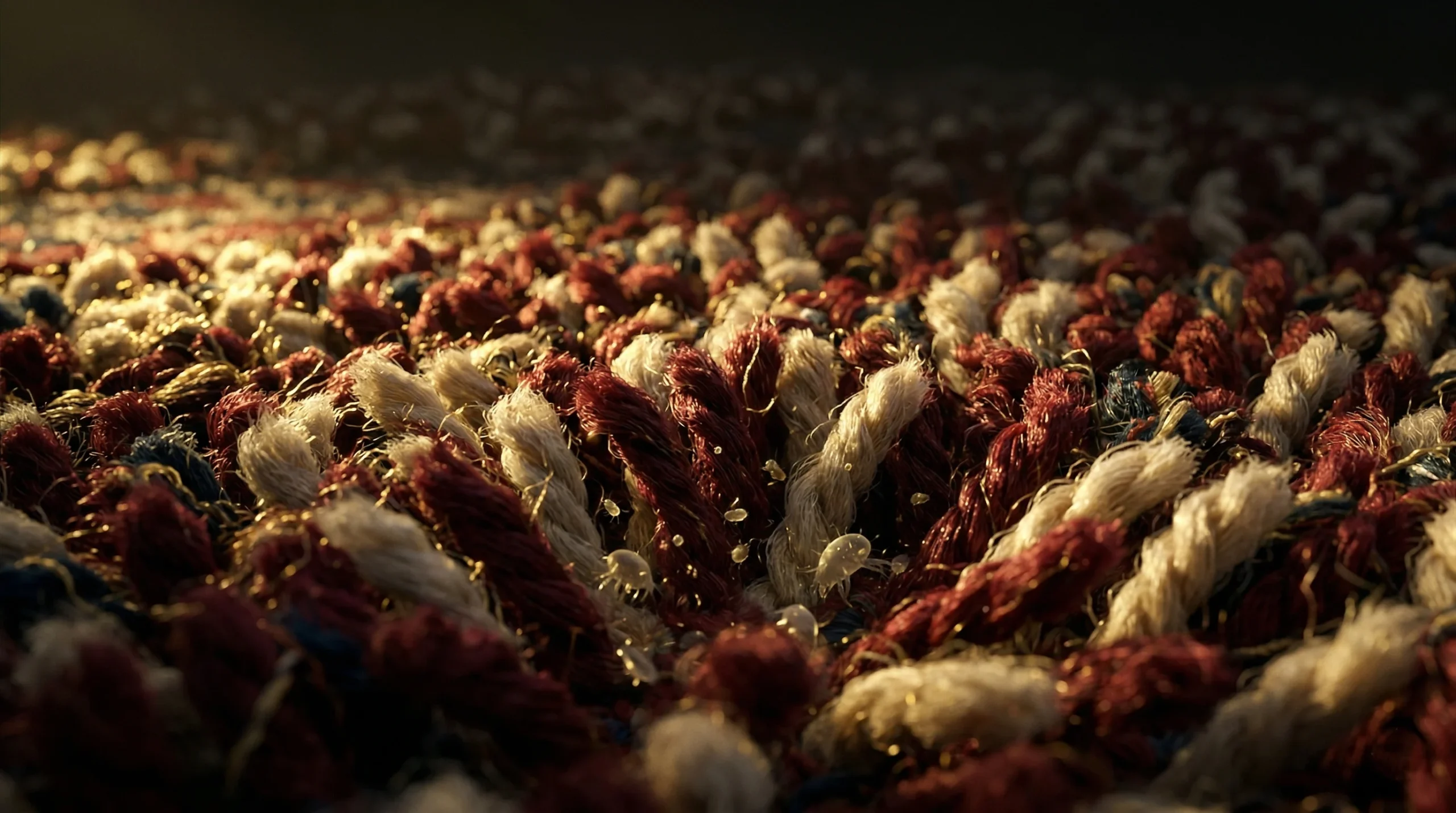 Gros plan macro sur les fibres de laine bordeaux et ivoire d'un tapis persan noué à la main — acariens et particules allergènes piégés entre les nœuds du tissage