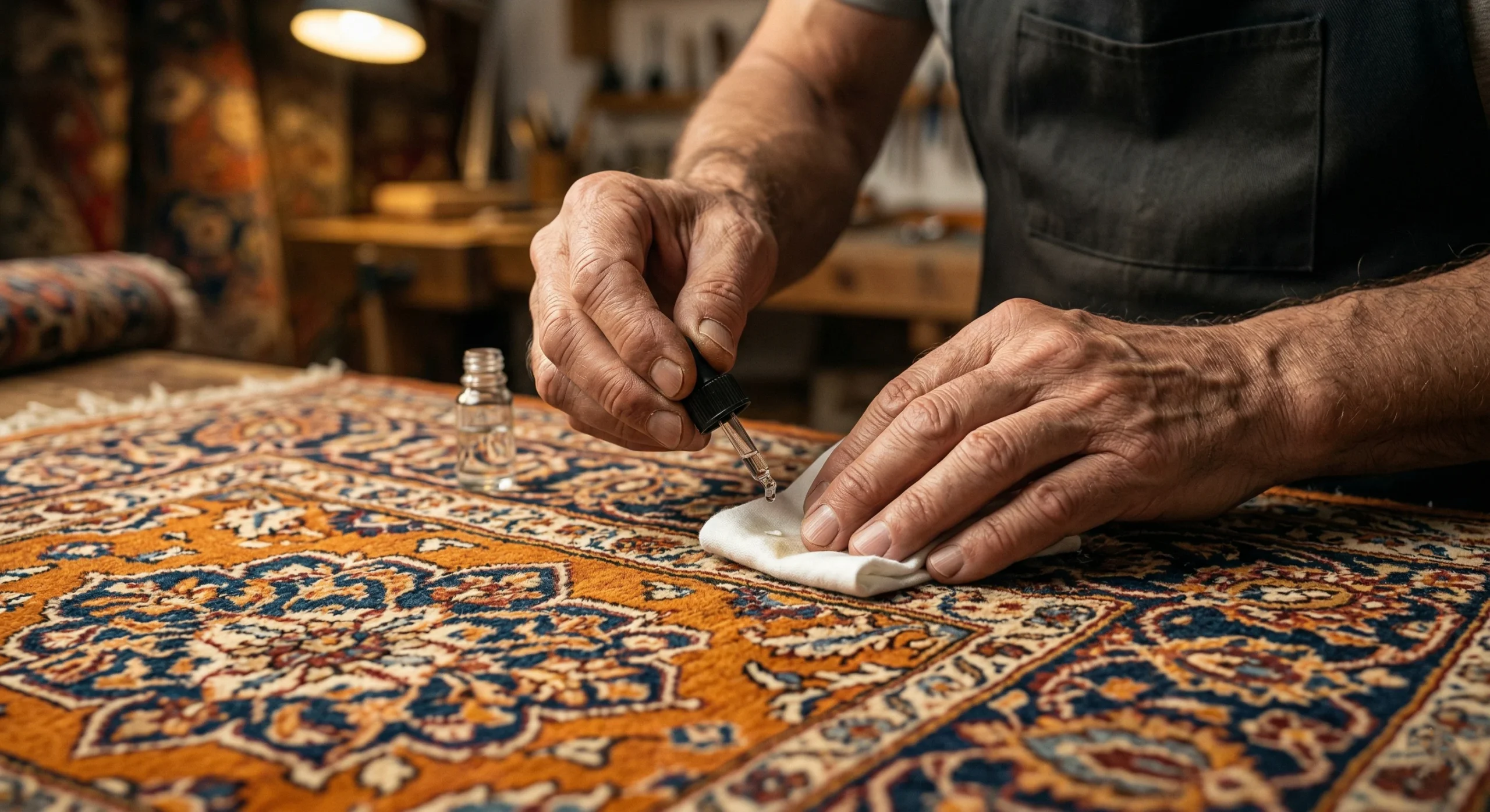 Mains d'artisan appliquant un produit neutre sur une zone cachée d'un tapis persan pour tester la réaction avant nettoyage complet