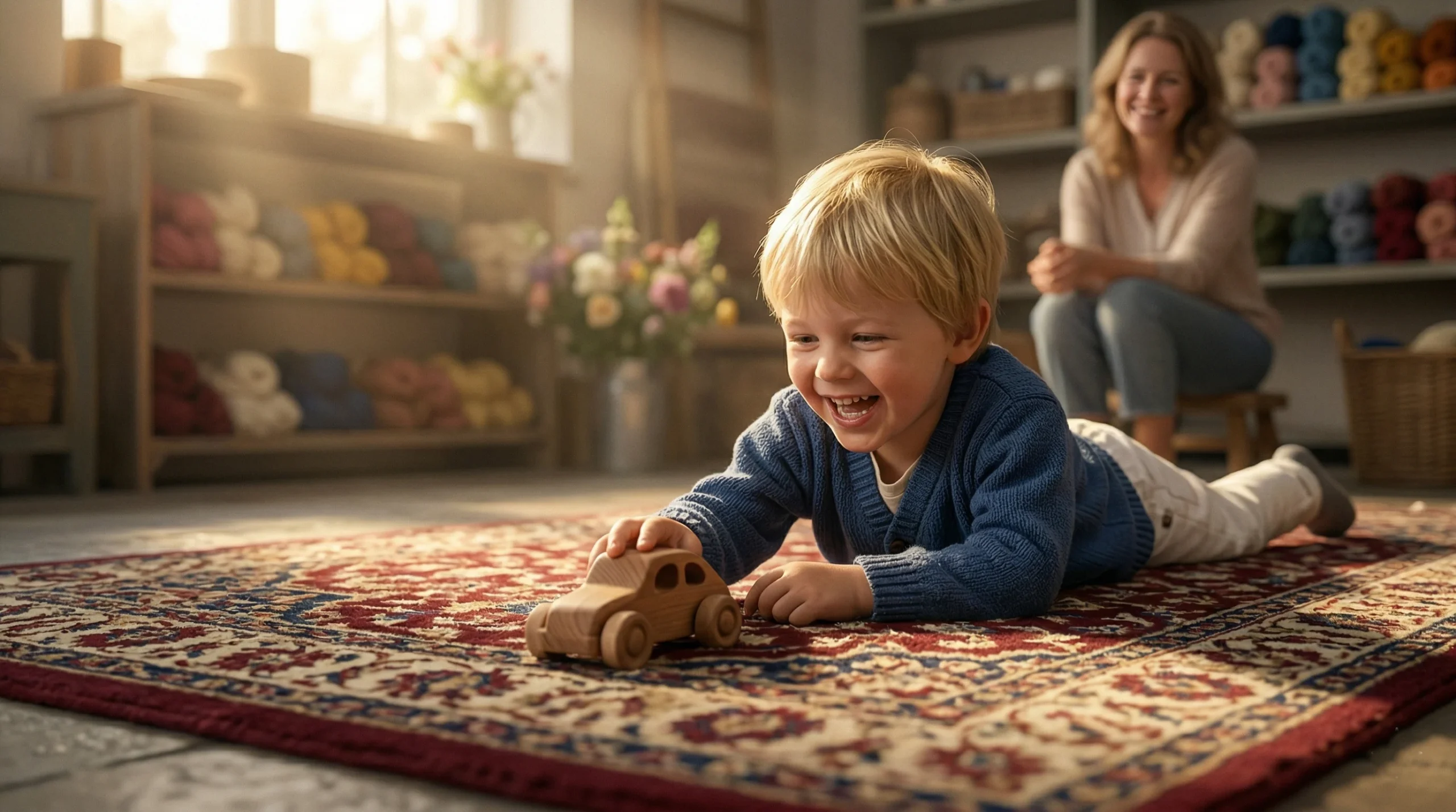 Enfant riant et jouant sur un tapis persan bordeaux propre et lumineux après nettoyage tapis vapeur professionnel — parent souriant en arrière-plan, ambiance sereine, Yvelines