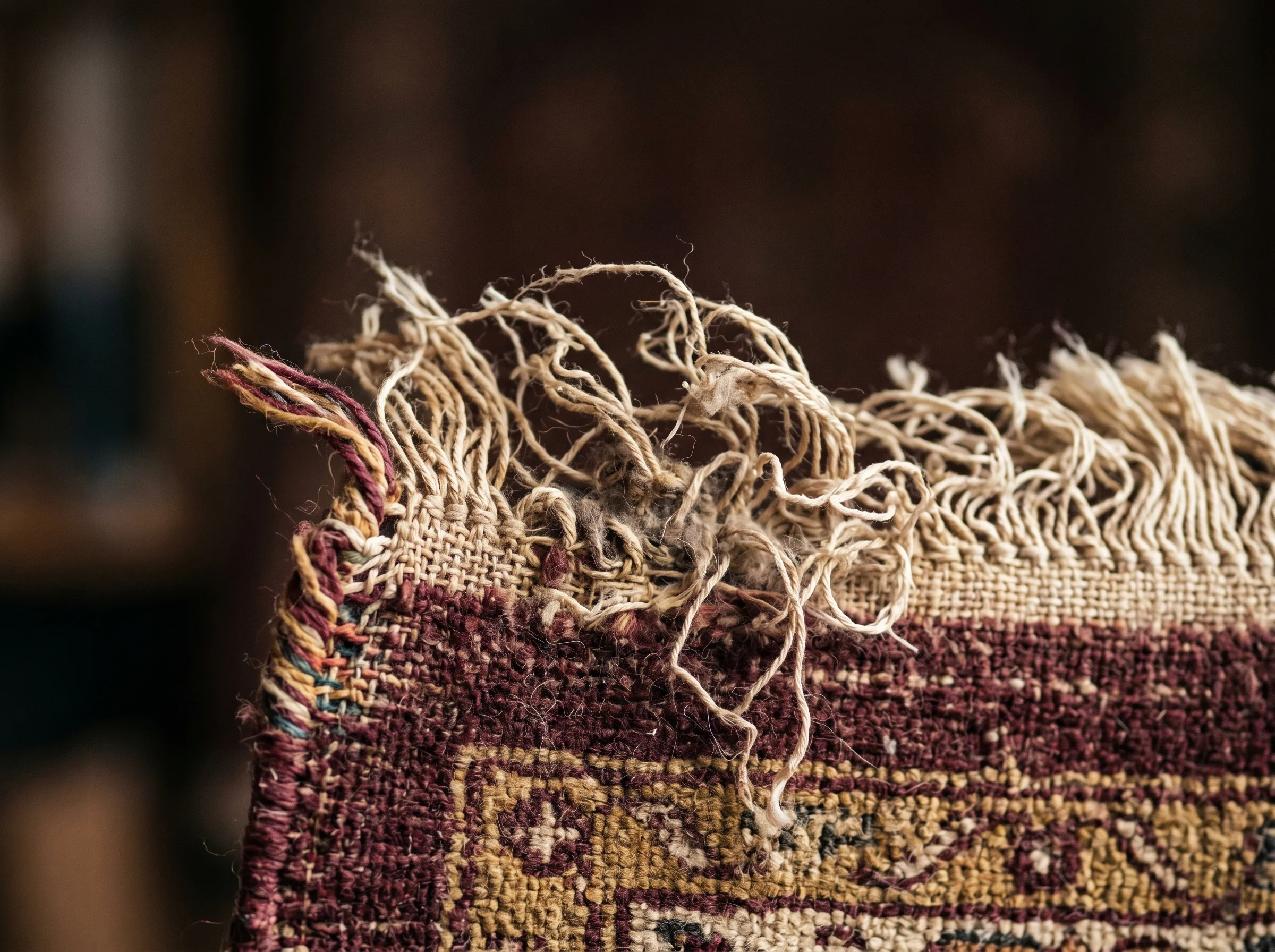 Franges arrachées et bordure effilochée sur un tapis persan ancien avant restauration artisanale