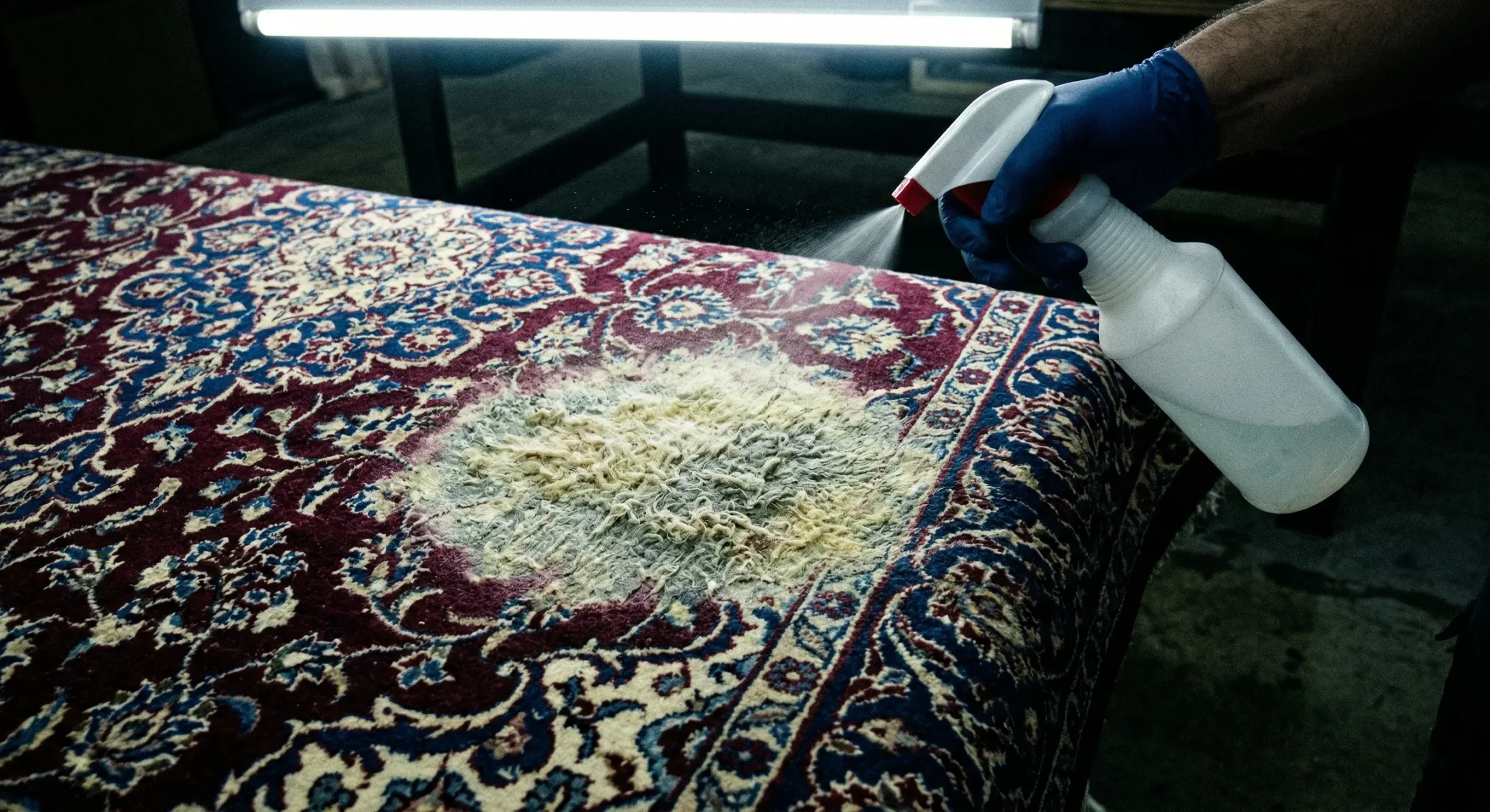 Main appliquant un produit ménager inadapté sur un tapis persan en laine causant une décoloration chimique visible