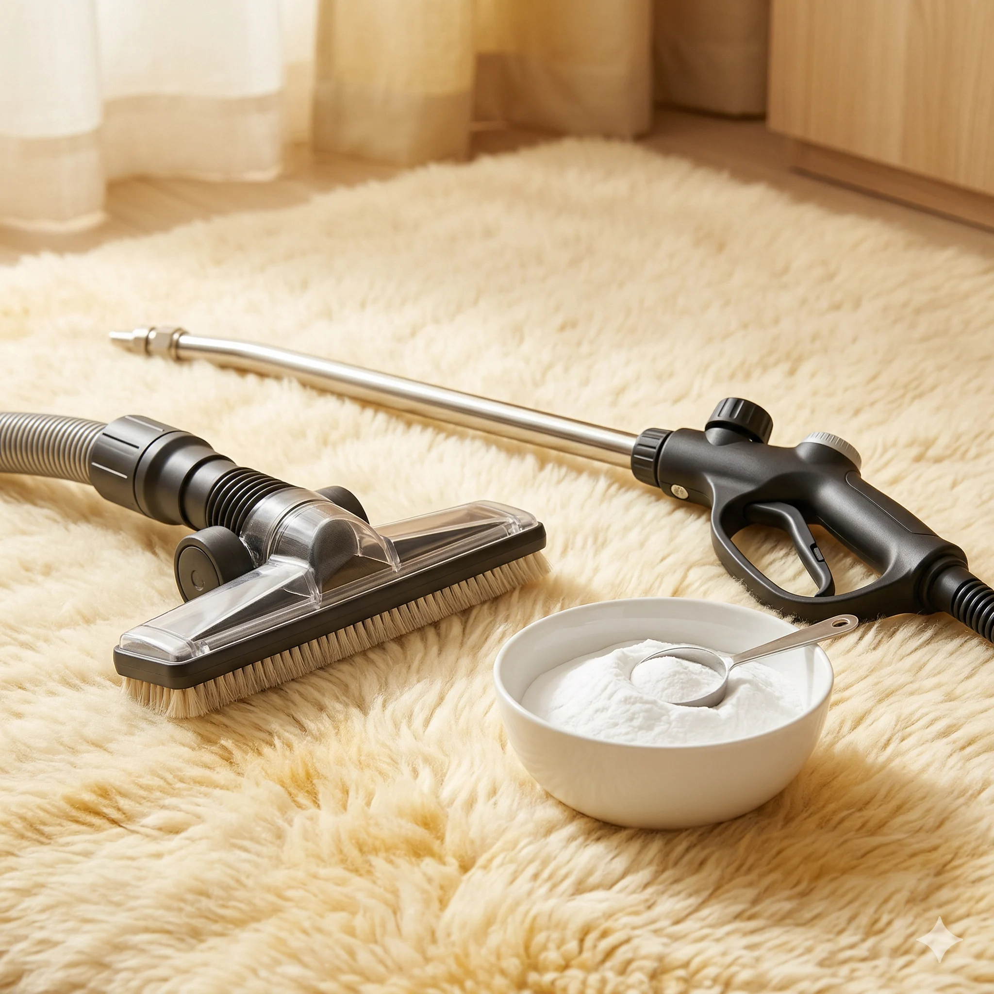 Lance vapeur professionnelle, aspirateur avec filtre HEPA et bol de bicarbonate de soude pur sur un tapis en laine propre et lumineux — méthodes de nettoyage tapis sans produits chimiques