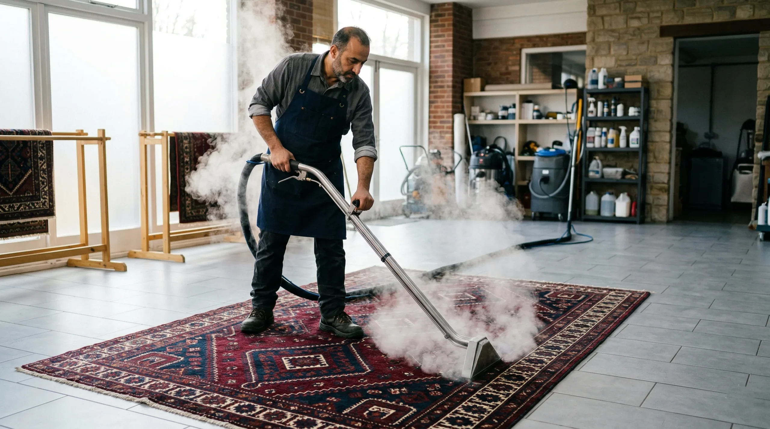 Artisan en tablier sombre utilisant une lance vapeur professionnelle à 130°C sur un tapis d'orient bordeaux posé dans un atelier des Yvelines — nettoyage sans produits chimiques