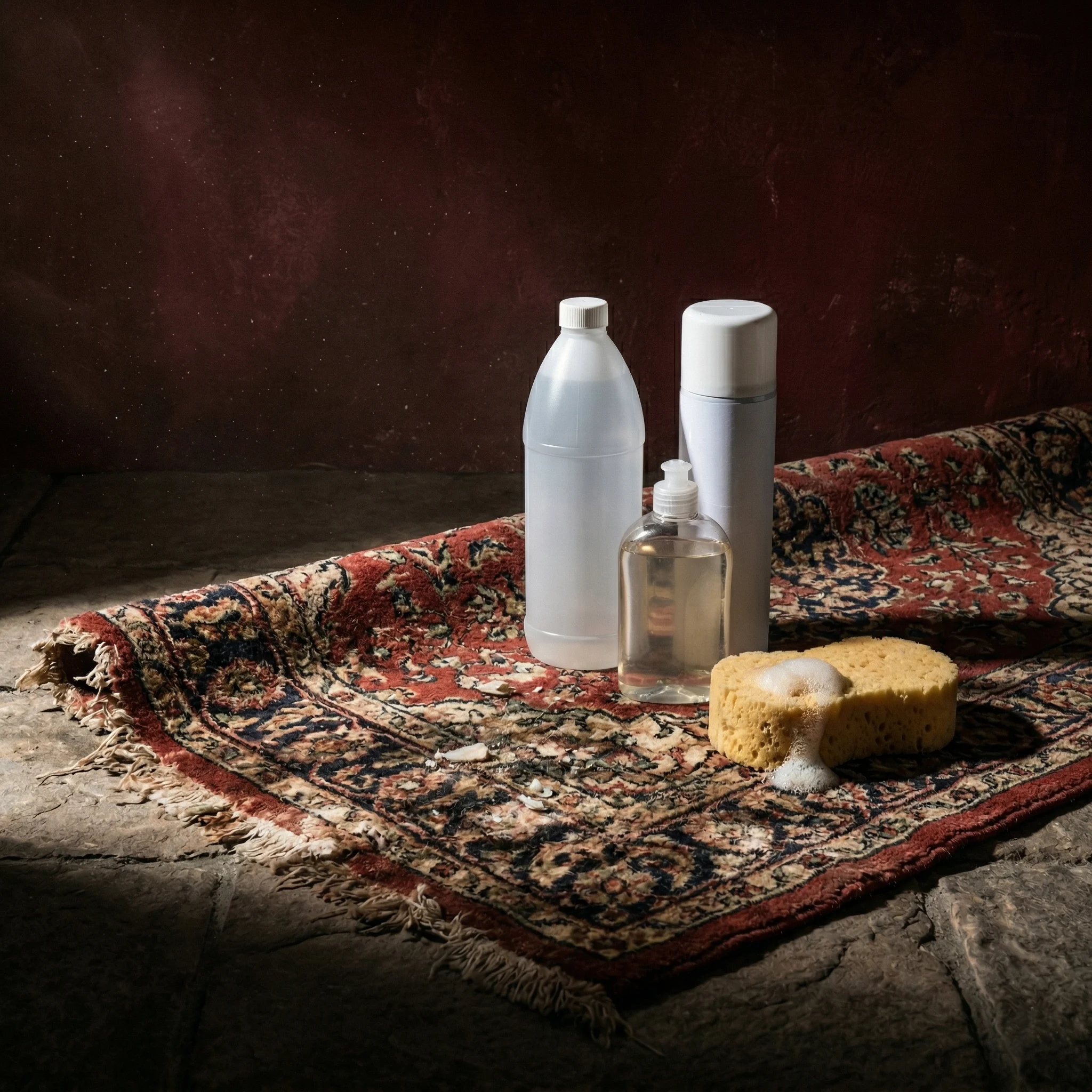 Eau de Javel, shampoing moquette en mousse et spray désodorisant posés sur un tapis abîmé et décoloré — produits chimiques à éviter absolument pour protéger un enfant allergique