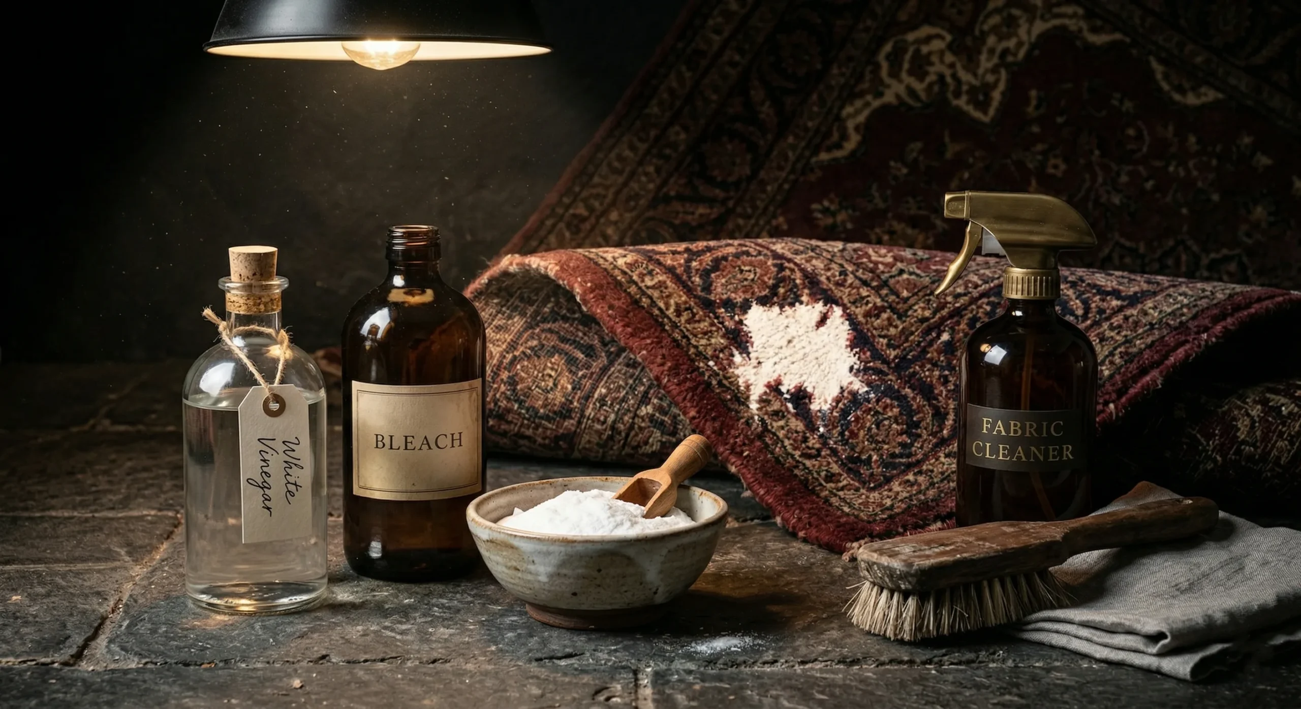 Eau de Javel, vinaigre blanc, bicarbonate et détachant textile à côté d'un tapis persan en laine avec tache de décoloration chimique