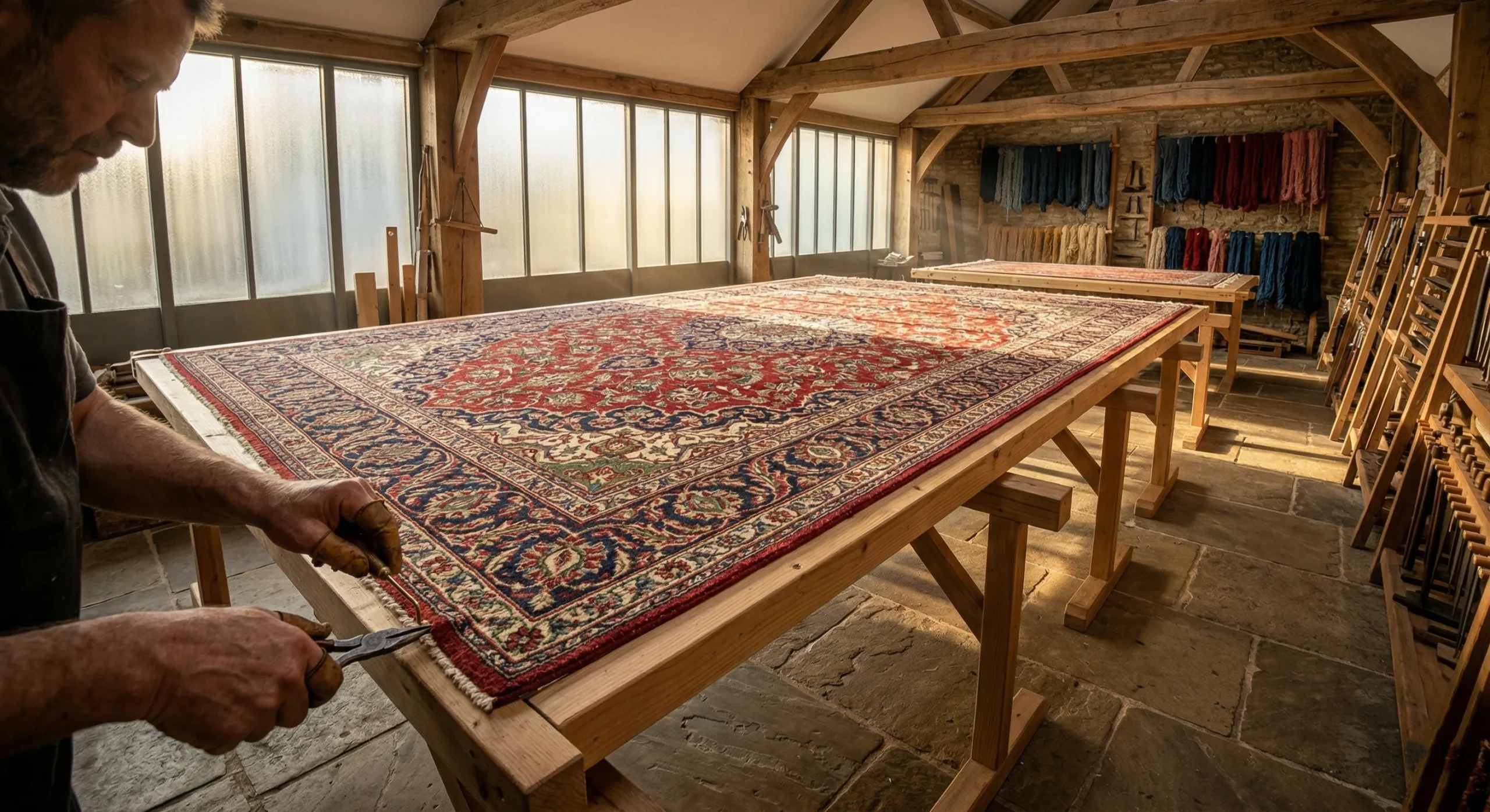 Tapis persan en laine étendu à plat sur séchoir professionnel dans un atelier de restauration des Yvelines