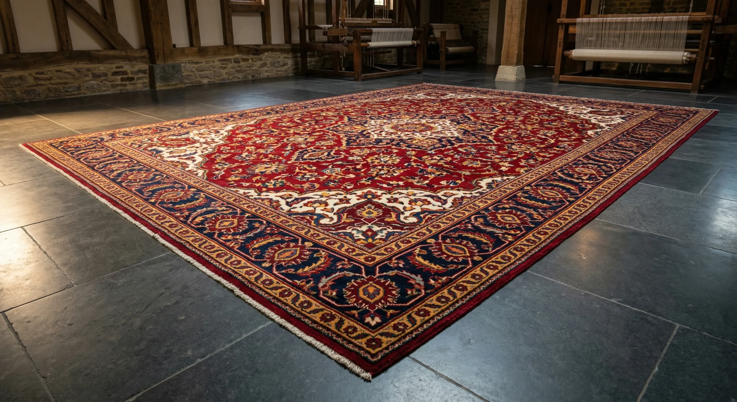 Tapis persan en laine aux teintures végétales restaurées après nettoyage professionnel dans l'atelier des Yvelines — couleurs vives, fibres propres