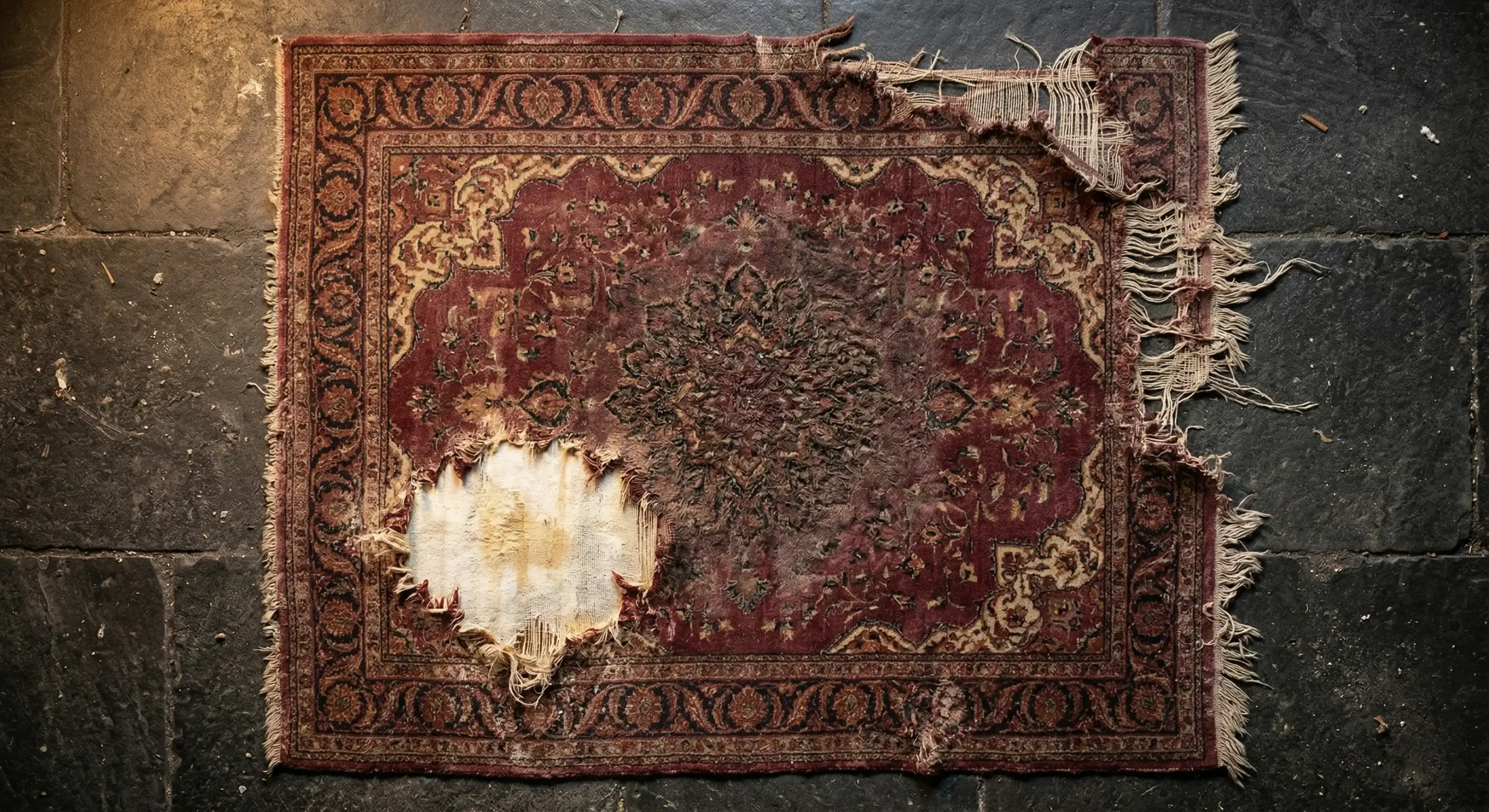 Tapis persan en laine avec décoloration chimique, fibres feutrées et franges effilochées après un nettoyage maison inadapté