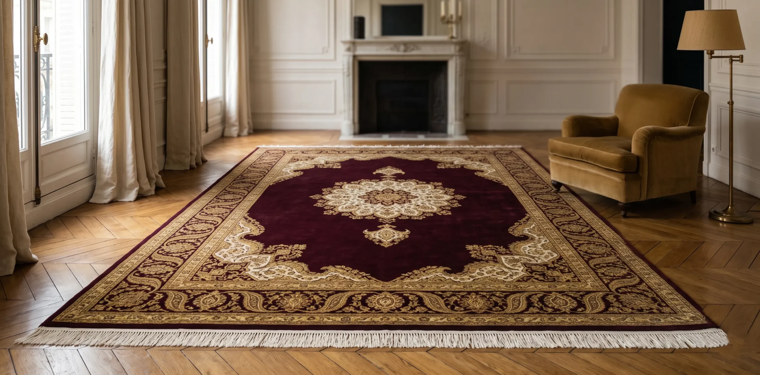 Tapis persan ancien entièrement restauré dans un salon bourgeois des Yvelines après remise en état artisanale